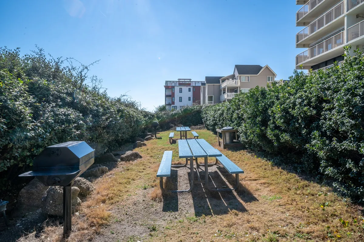 A tranquil picnic area featuring wooden tables and a grill nestled among greenery. The environment is relaxed and perfect for outdoor barbecues, meals, and gatherings with family or friends.